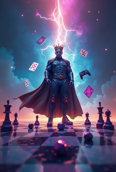 "An intense and electrifying scene featuring a regal figure standing on a chessboard that stretches into infinity, symbolizing strategy and dominance. The central character, King K, wears a modern crown infused with neon lights, blending royalty with a fut...