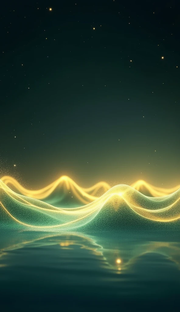 A calming, artistic visualization of sound waves representing the 528Hz frequency. The waves are glowing in golden and soft green hues, flowing smoothly against a dark, starry night background. Add subtle particles or light effects to emphasize a magical a...