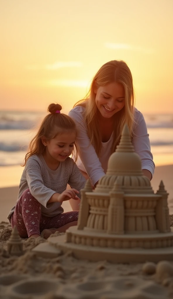 A hyper-realistic, high-definition photograph taken with a DSLR camera of a young mother and her daughter building a majestic sandcastle modeled after the Buddhist monuments of Sanchi on a serene beach at sunrise. The warm light of the rising sun casts a g...