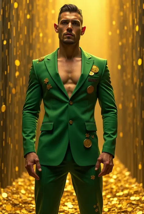 An athletic man,  Green suit, trevo dourados na roupa high, Brown color, black eyes with long, thick eyelashes,  and pointed ears, attractive, soviético shoes, chuva de moedas douradas The big huge pecs massive meet tiddies,porn image 