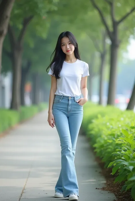 ( best quality ,4K,8k, high resolution ,masterpiece，Ultra HD - High Definition、), extremely detailed, focus clearly， super pretty Korean woman，20 years old， beauty with perfect body ，Pear-Shaped Body， long black hair ， white skin ， smooth skin ， delicate s...