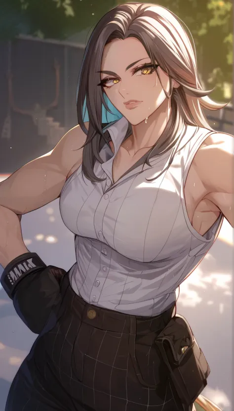 black hair,masterpiece,best quality,highres,ultra-detailed,aashizue,yellow eyes,long hair,cargo pants,(tank top:1.2), boxing gloves,toned, sweating, (sleeveless:1.4),cowboy shot,