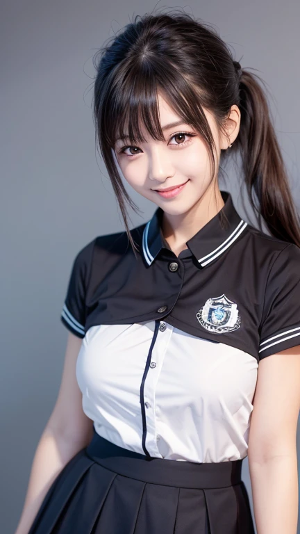 A ， wears a JK uniform and short skirt，Bangs between eyes, Twin ponytails, Big breasts(d), Smile,  blushing,Smile,  Simple Background / no background , Body in front ，The side of the 45 degree character , 