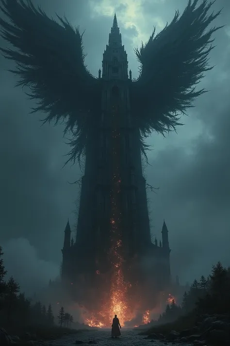 Infernal demonic tower floating in the night sky with thousands of black angelic wings 