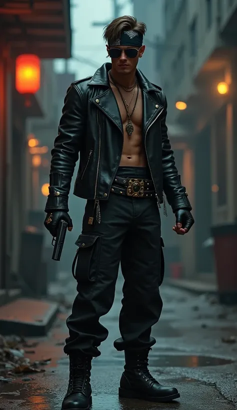 a young man,  black motorcycle style leather short jacket , sunglasses,  black leather gloves , black cargo pants with studded belt ,  black leather boots , Necklace for men ,  black bandana headband ,  dark street with a pistol in the right fist