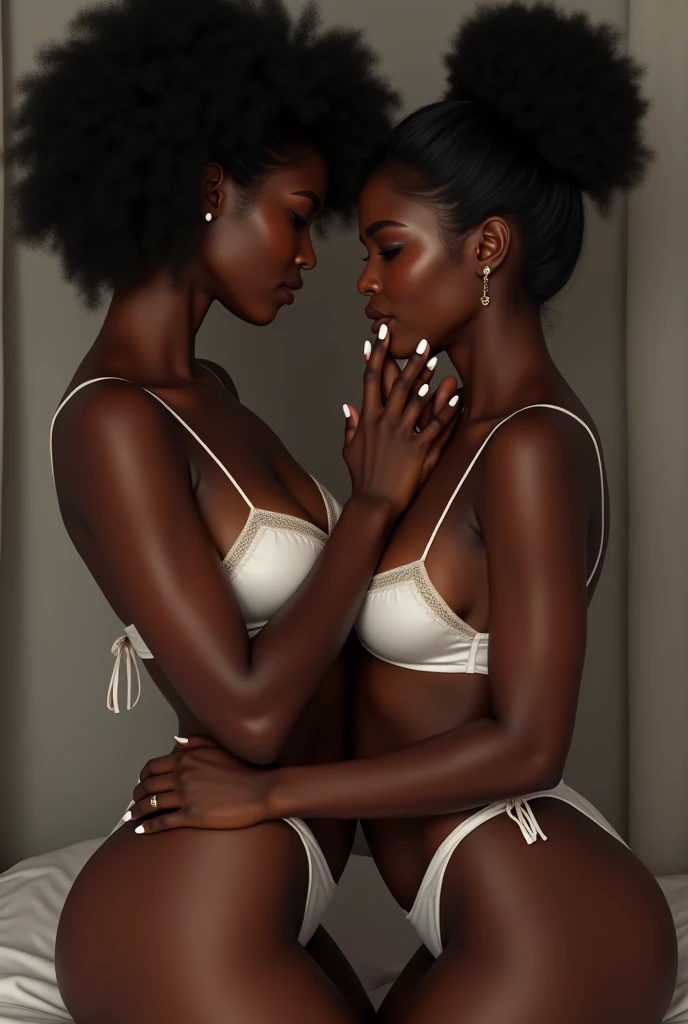  Create a picture of two black women kissing .  They are wearing white underwear and have white fingernails. They touch each other . 