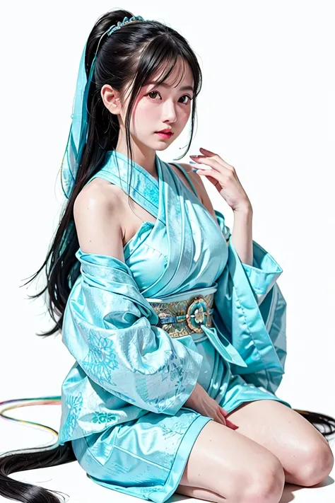 A hyper-realistic, highly detailed, and high-resolution (16k) image of a young, beautiful girl. She wears a futuristic reinterpretation of the traditional Japanese juunihitoe ( 12 single), featuring intricate holographic patterns and metallic accents. The ...