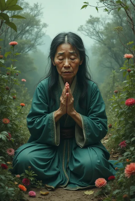 Middle aged korean female as mother nature, very sad expression, praying