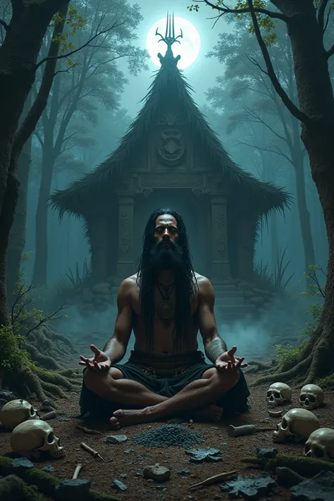 A dark, dense forest under a moonlit sky with eerie mist surrounding an ancient hut made of skulls and bones. An intense-looking Aghori tantrik sits cross-legged in front of a fire, chanting with closed eyes. Surrounding him are human skulls, bones, and ri...