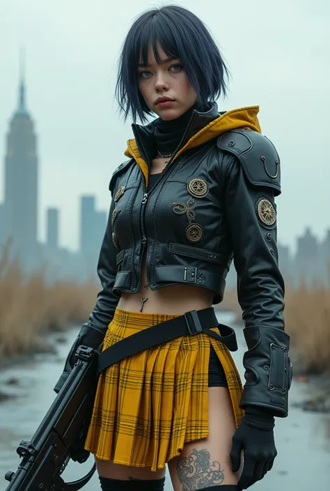 A modern female warrior with an impressive presence is wearing a futuristic and militaristic costume featuring a surreal 、 highly detailed full-body artwork 。She has short bob mesh colored hair 、 subtle highlights add depth to the strands 。 her sharp blue ...