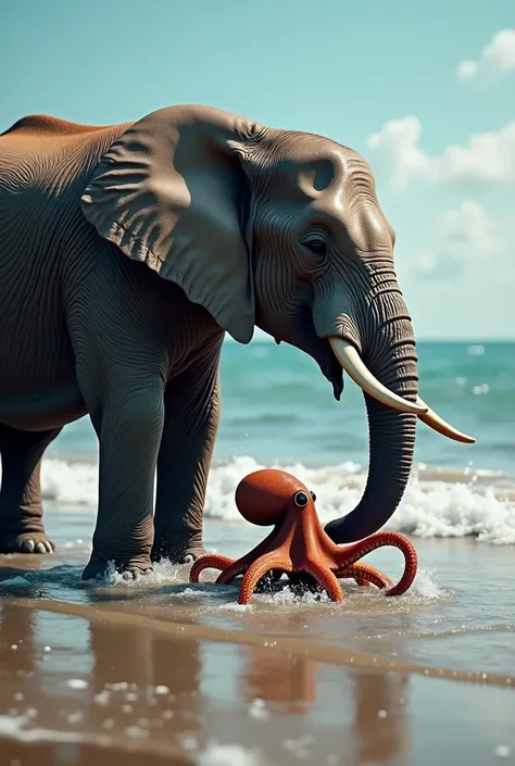 An elephant and an octopus interacting at the waters edge, the elephant splashing water with its trunk while the octopus waves a tentacle playfully, detailed textures of the elephants wrinkled skin and the octopuss smooth tentacles, bright daylight, cinema...