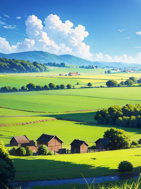 Background field , village, sunny days, blue sky