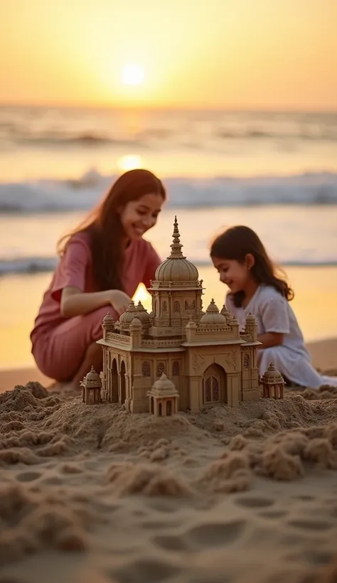 "A hyper-realistic, high-definition photograph taken with a DSLR camera of a young mother and her daughter building a majestic sandcastle modeled after The Golden Temple in Amritsar on a serene beach at sunrise. The warm light of the rising sun casts a gol...