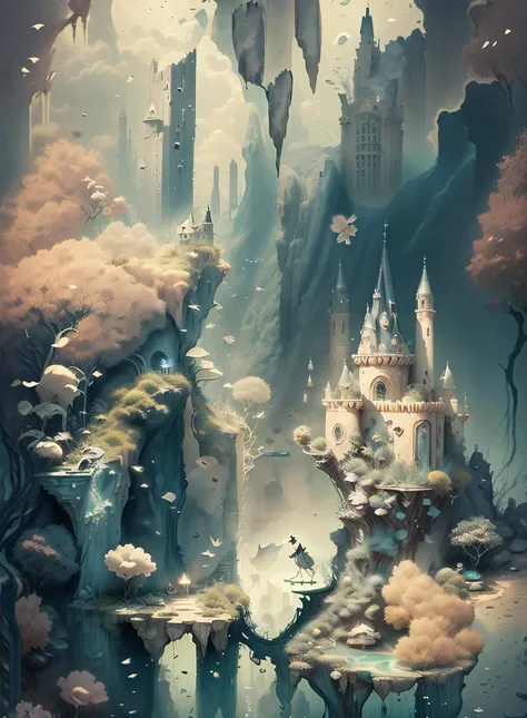 A close-up of a floating castle、There is plenty of water, an underwater city, Undersea Temple,Aquatic monastery, Submerged temple landscape, aquatic environment, Underwater temple, the The Lost City of Atlantis, The Lost City of Atlantis, marine environmen...