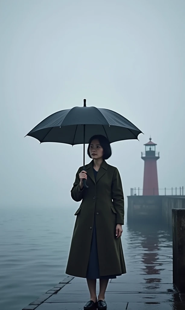  Autumn sad song MV promotional poster cover.  Desolate Atmosphere , Ocean Lighthouse . Breakwater . Heavy sea fog at dawn. umbrella. Autumn Filter ,  ultra high definition ,  Oriental woman in her 50s with short to medium length hair. A well-groomed orien...