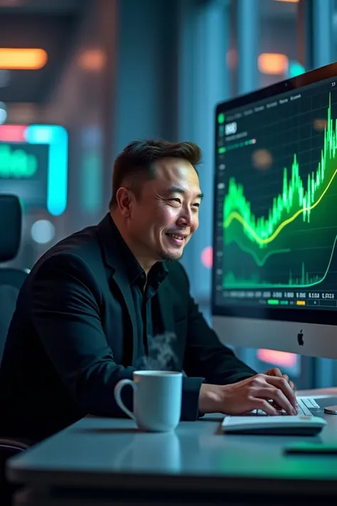 Create an image of Elon Musk in a modern, technological environment by analyzing a graph of the DOGTURBO asset. He is sitting at an elegant desk, surrounded by computer screens showing financial charts and market data. On one of the screens, the DOGTURBO c...