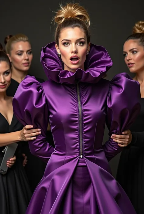 (realistic photograph sideways close up), (a smiling surprised willing beautiful Caucasian lady with (messy hair bun) and wearing (excessive shiny purple silk dress with (long gigantic puff sleeves), (and with an ultra high tight stand-up collar up to her ...