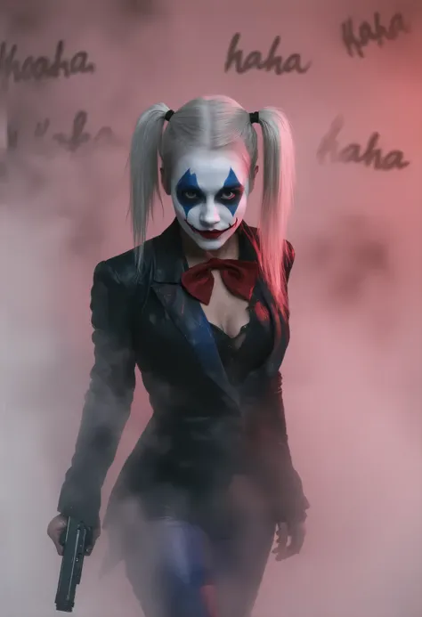 Cinematic image of Harley Quinn wearing Jinx clothes she is in Arcane pointing the gun forward . Background of the image are the hallucinations of Harley Quinn Jinx, a mix of written hahaha and drawings of the bomb 