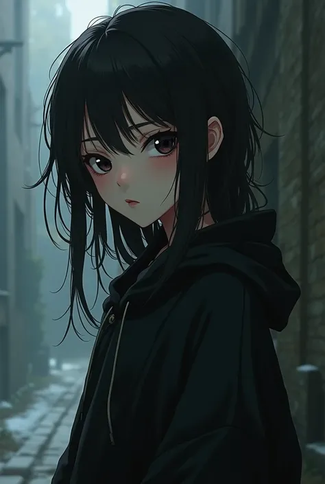 Goth emo alternative girl, anime and submissive vibes, delicated girl with baggy clothing Y2K style