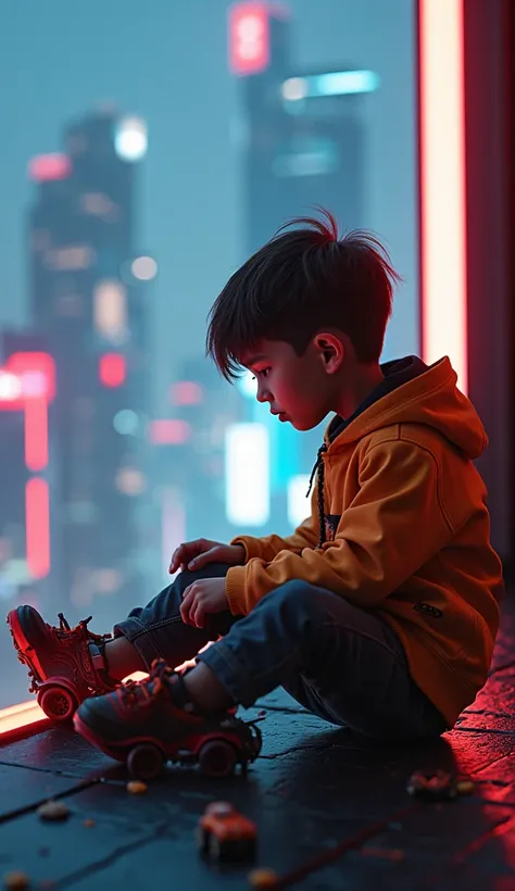 full body, Plano general, A boy playing with his toy cars - 1.4, on a deep balcony, Cyberpunk city in the distance, Cyberpunk colorful clothing, neon, high definition, 8K, masterpiece, (The best quality, 4k, 8K, high resolution, masterpiece: 1.2), ultra de...