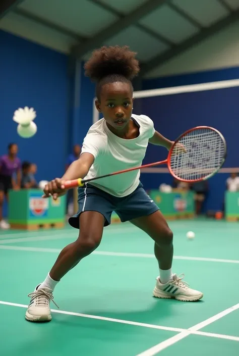 Grade 10 African student forehand clear shuttlecock badminton court 