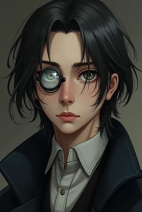 A young man with grey eyes and long black hair. His facial features were unremarkable, and he appeared refined, but he had obvious eye bags with an inkling of a double chin. He wore a monocle