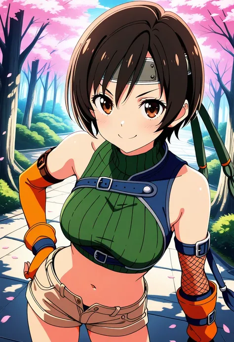 (masterpeace,Best Quality),(absurdres),anime coloring,anime_screencap,flatcolor,ai-generated:0.7,(lycoris recoil:1.).(Yaegashi Nan), BREAK 1girl, yuffie kisaragi, final fantasy, short hair,headband,navel,sleeveless,turtleneck,brown eyes,sleeveless turtlene...