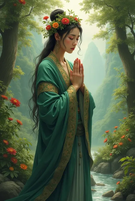 45 year old Korean female as mother nature, very sad expression, praying