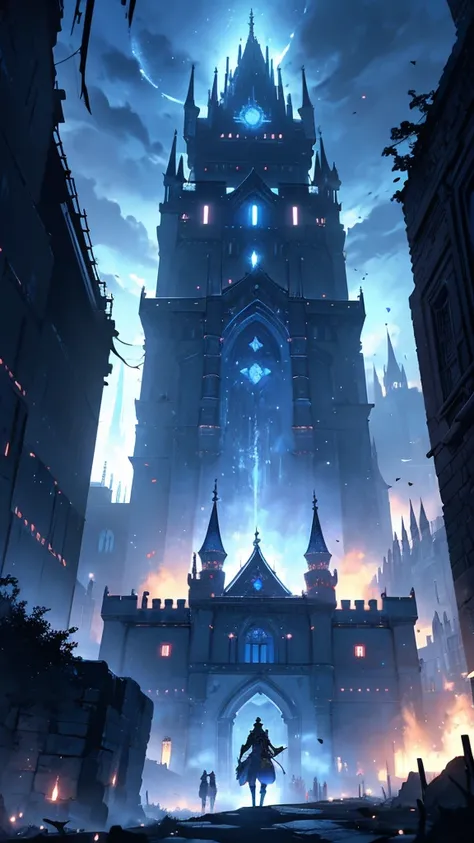 “In the dead of night, Kaien and his team carefully scale the massive, glowing walls of the noble’s floating castle. Magical runes pulse with light as they crawl through the shadows, avoiding the patrols of heavily armored guards. The architecture is grand...