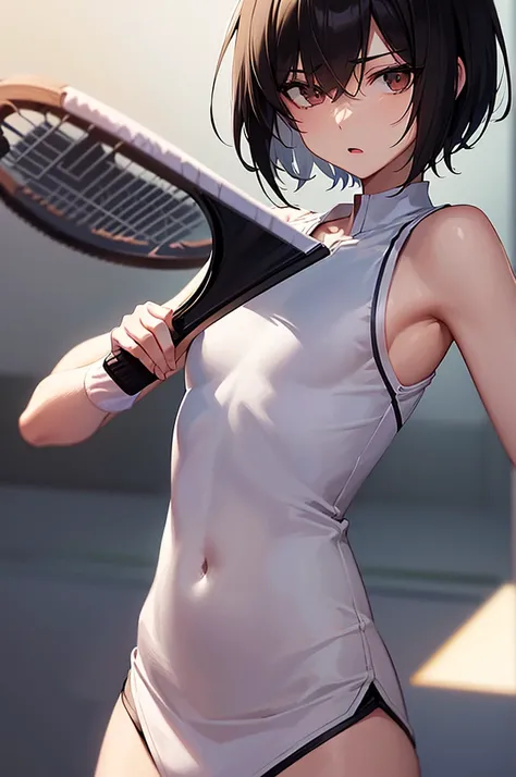 masterpiece, best quality,anime style, 1 girl,(((slender body))), (((small breast))),(((tennis uniform))), (((short hair))), (((straight hair))), ((((black hair)))),detailed beautiful skin, (perfect hands, perfect anatomy),scream