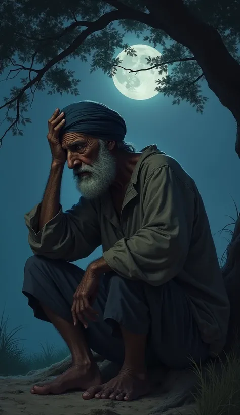 A  Sikh poor man sits under a tree at night in a state of exhaustion, one leg raised, elbow on knee, hand on forehead, and crying.