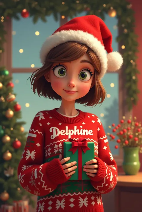 conception de Pixar, Jolie Femme,  Bob cheveux châtain, pull de Noël moche et chapeau de Noël mignon , yeux verts, arrière-plan de Noël, Art pixel , Nom  Delphine sur un pull, tenant un cadeau 