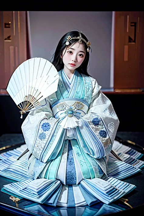 A hyper-realistic, highly detailed, and high-resolution (16k) image of a young, beautiful girl. She wears a futuristic reinterpretation of the traditional Japanese juunihitoe ( 12 single), featuring intricate holographic patterns and metallic accents. The ...