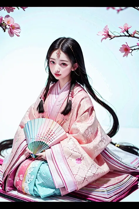 A hyper-realistic, highly detailed, and high-resolution (16k) image of a young, beautiful girl. She wears a futuristic reinterpretation of the traditional Japanese juunihitoe ( 12 single), featuring intricate holographic patterns and metallic accents. The ...