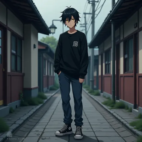  19-year-old boy ,black t-shirt,black sweatshirt ,black jeans ,  black sneakers  , Anime style, Black hair ,  high definition,  yellow eyes, japanese school,hair over one eys