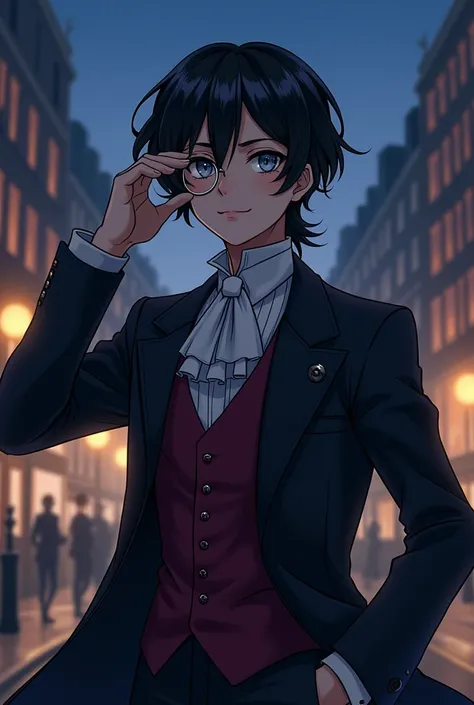 A young man with grey eyes and very long black hair. Wearing a suit and a monocle in London at night, in anime style