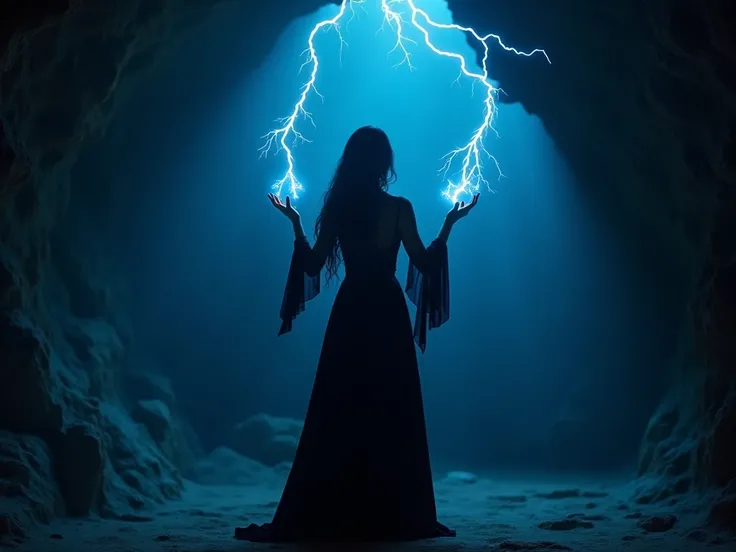  The Dark Cave. Blue dim light .  In the center, a female figure in a long black dress with sleeves.  Black hair . beautiful witch. raised her hands. Lightning comes from the fingers in different directions.