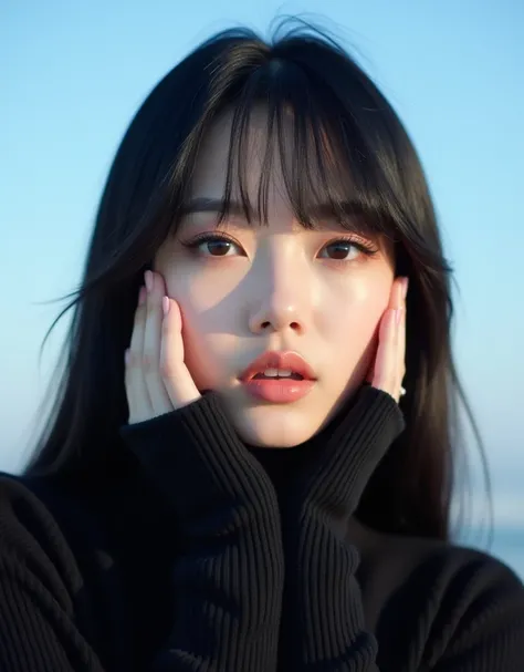 heavy bangs, straight black hair, eye make-up, natural color lip, porcelain white skin, looking at camera, Blue sky, lit by soft light,Ulzzang Makeup, Attractive lips, large double eyelids, Bangs over the eyes, tight black high neck sweater, touching cheek...