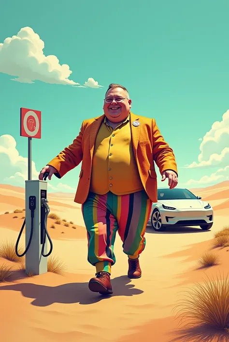 A fat man in colorful clothes in the middle of the desert charging his electric car 