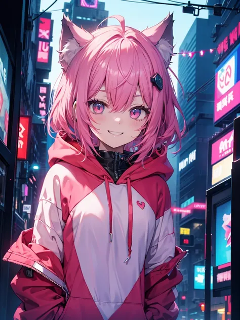 Wolf ears、Wear a red hoodie、 pink hair、Blue Hair、 shortcut、 girl、A wicked smile、 cyberpunk 、 dark atmosphere、 face up、night