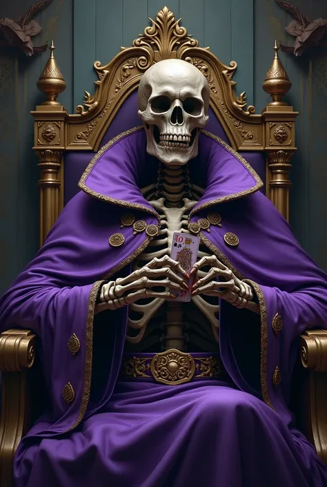 A skeletal king in a purple robe sits on a throne, holding poker cards and above his bed the inscription Tezza poker.