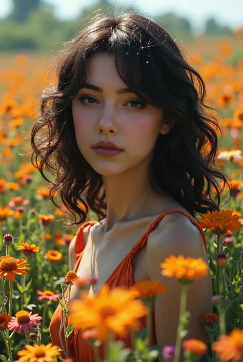 (masterpiece, best quality), intricate details, masterpiece, best quality, photorealistic, dramatic lighting, raw photo,  1 girl, medium curly hair, full bangs, ultra realistic details, sharp focus, detailed skin
A_field_filled_with_wildflowers