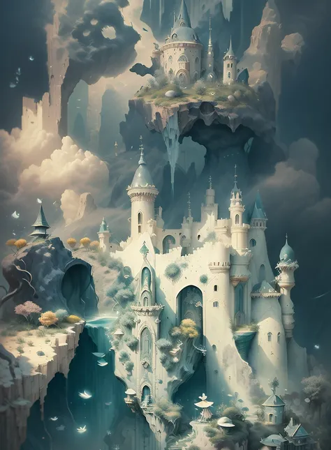 A close-up of a floating castle、There is plenty of water, an underwater city, Undersea Temple,Aquatic monastery, Submerged temple landscape, aquatic environment, Underwater temple, the The Lost City of Atlantis, The Lost City of Atlantis, marine environmen...