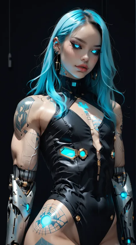 (nsfw:1), (Uncensored:1), score_9, score_8_up, score_7_up, (three quarters Shot), (1 girl), (asian), beautiful teenage (skinny) muscular goth cyborg girl, (full Cybernetic bodysuit:1.5), (black sclera:1.5), (blue glowing eyes:1.5), (blue glowing body veins...