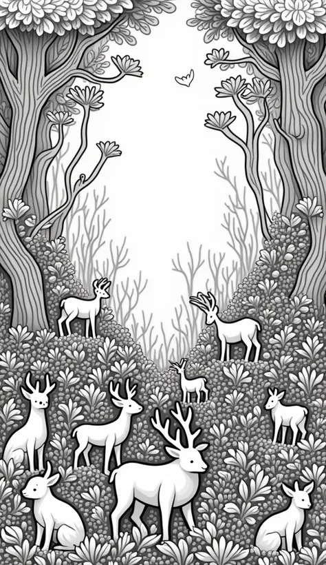 (((fantasy style))), (lots of animals), in a mystical forest, white and black, adult coloring book, outline no color, fill frame, edge to edge, clipart white background