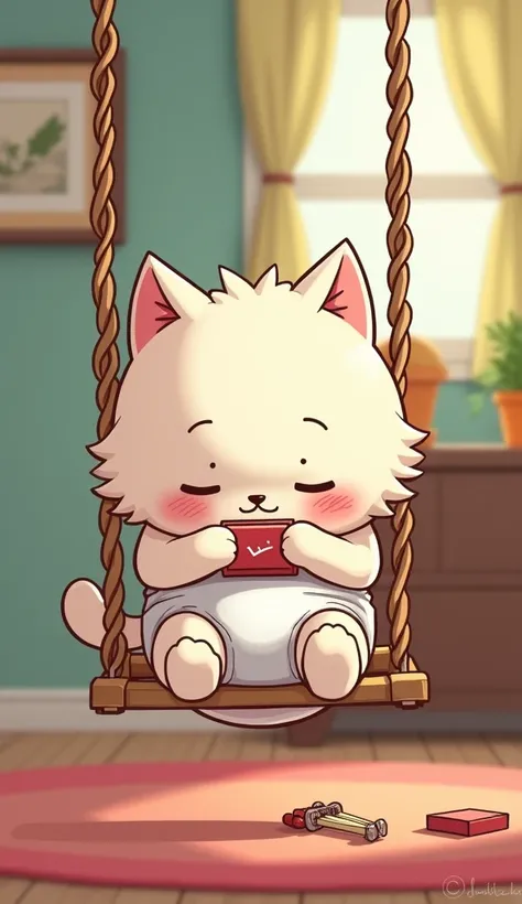 A small white color cat is wearing pampers and is lying in a swing and has a matchbox in his hand background under in home cartoon picture