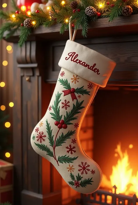 Fireplace decorated Christmas motif with an embroidered hanging sock with the name of Alexander