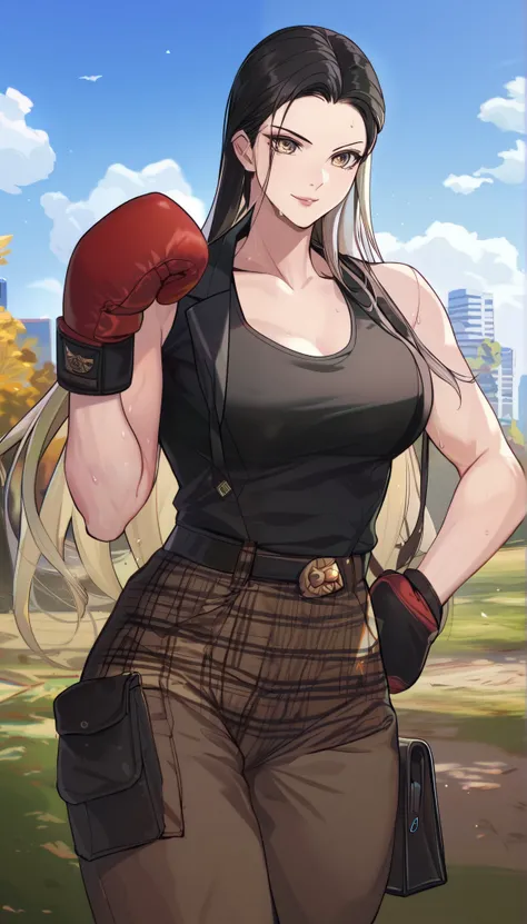 black hair,masterpiece,best quality,highres,ultra-detailed,aashizue,yellow eyes,long hair,cargo pants,(tank top:1.2), boxing gloves,toned, sweating, (sleeveless:1.4),cowboy shot,