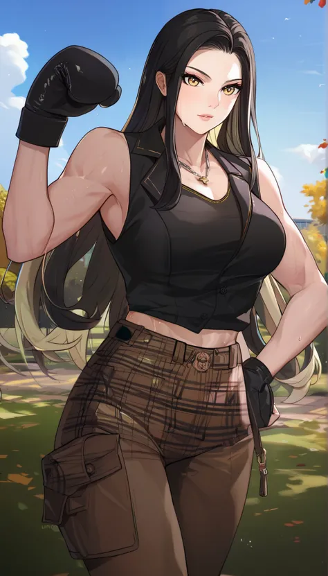 black hair,masterpiece,best quality,highres,ultra-detailed,aashizue,yellow eyes,long hair,cargo pants,(tank top:1.2), boxing gloves,toned, sweating, (sleeveless:1.4),cowboy shot,