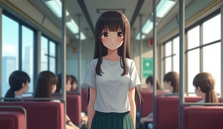 photograph,Junior high school students,T-Shirts, no bra, lean forward , Japanese school uniform ,The skirt is below the knee , and the hair is long and gathered together,virgin, flat chested, small tits,whole body,front, ONE GIRL , inside the tram